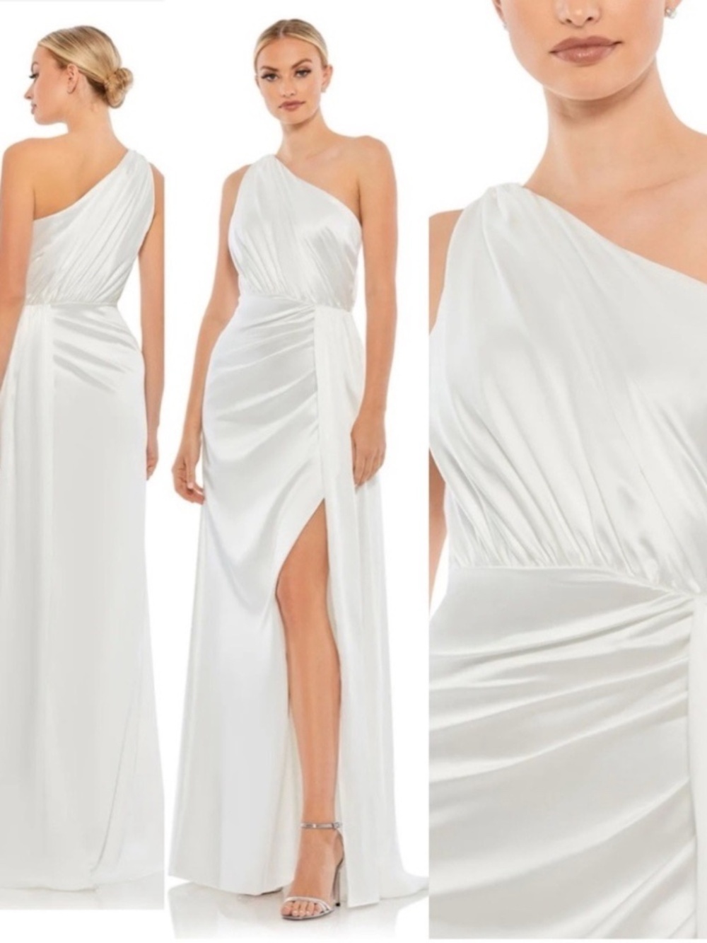 NWT Mac Duggal One Shoulder Draped Dress Satin Maxi Long Formal Gown White